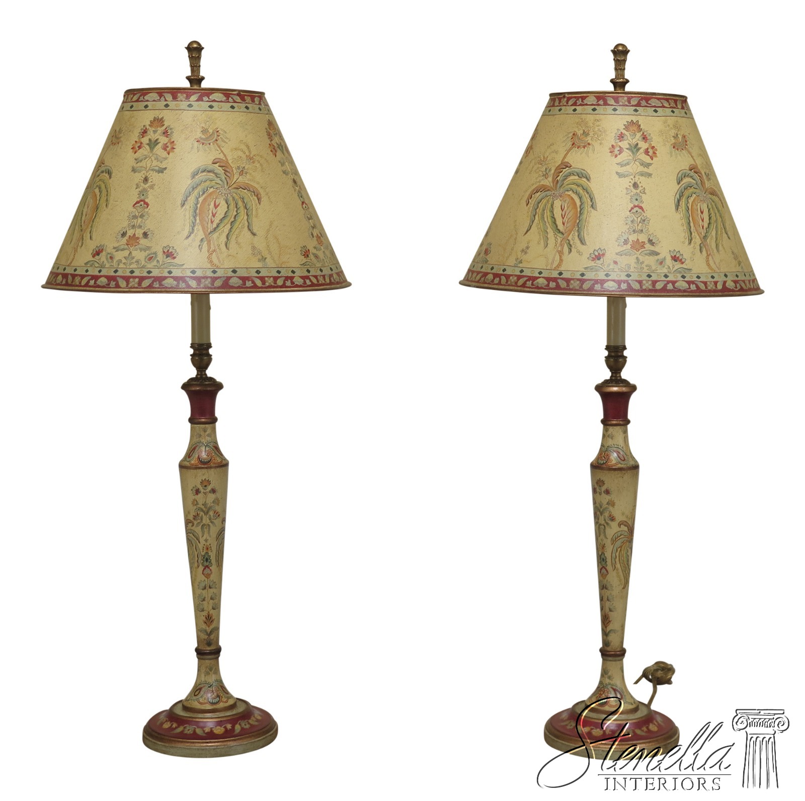 F EC Pair BRADBURN GALLERIES Paint Decorated Lamps w. Tole Shades