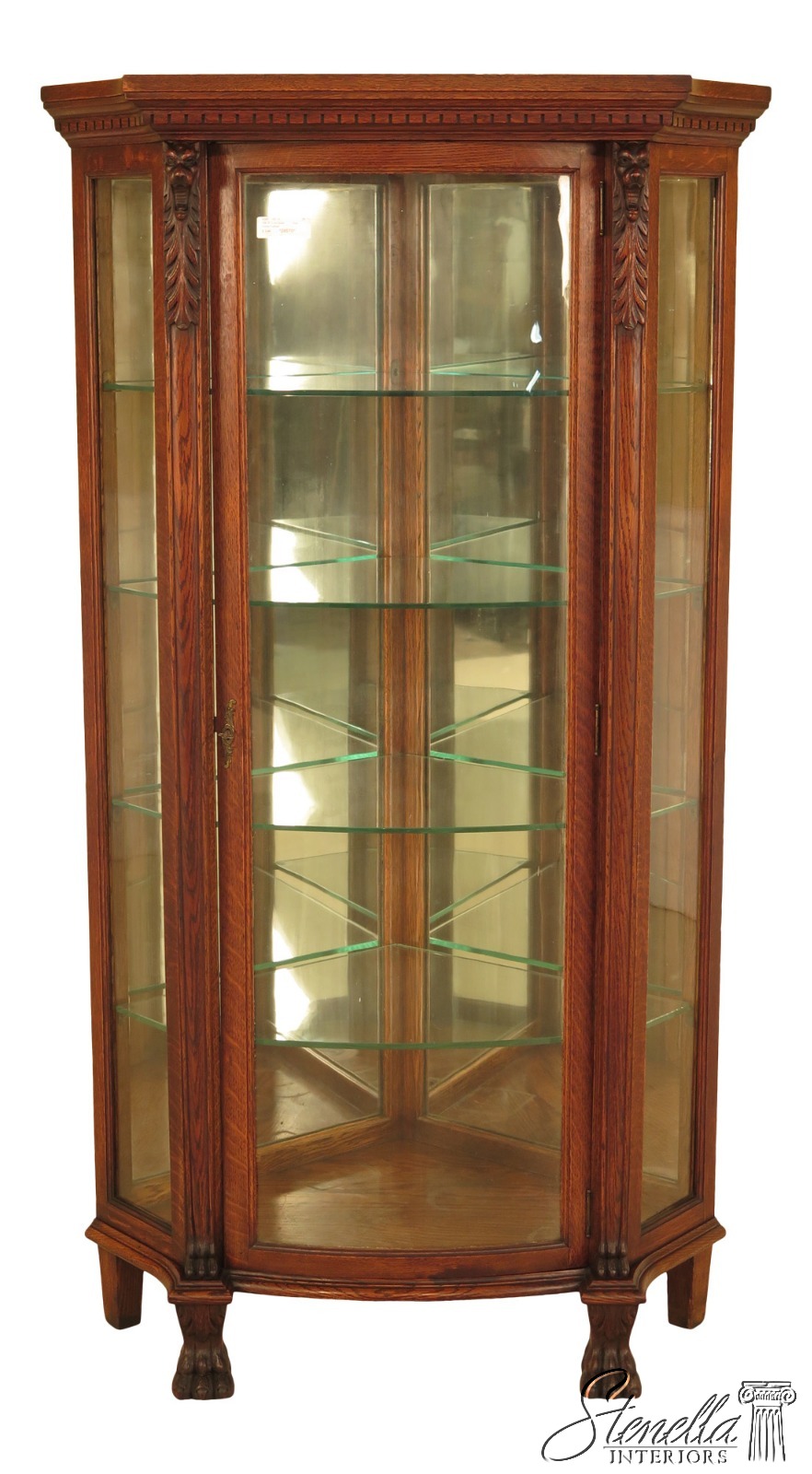F28570ec Antique Oak Curved Glass Corner Cabinet W Lion Heads Ebay