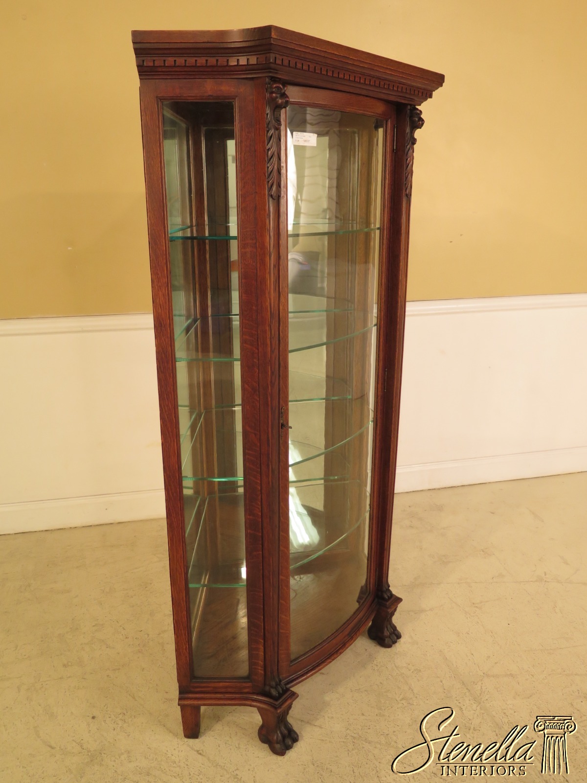 F28570EC: Antique Oak Curved Glass Corner Cabinet w. Lion ...