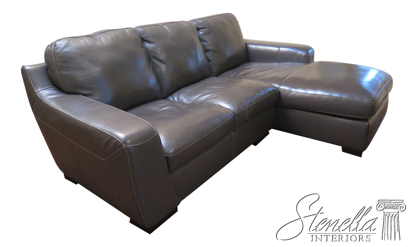 31048EC Gray Stitched Leather Sofa w. Chaise Lounge End