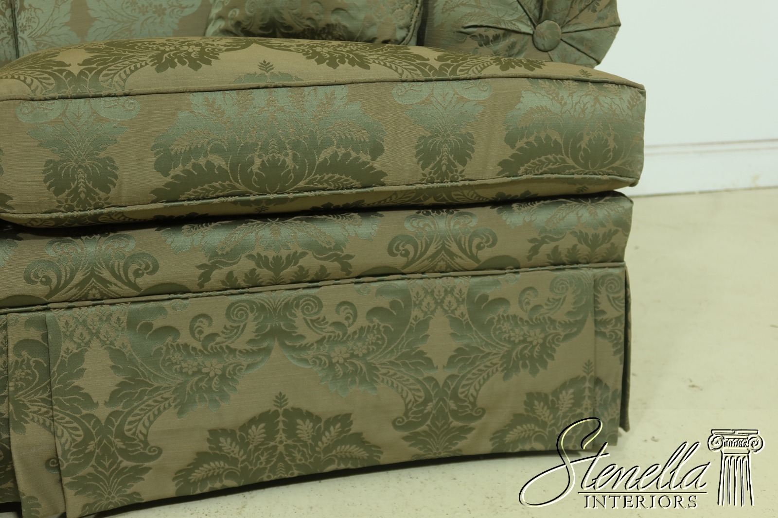 32945EC ETHAN ALLEN Green Damask Upholstered Sofa, Stenella Antiques