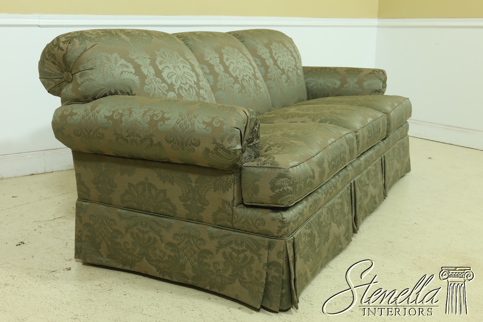 32945EC ETHAN ALLEN Green Damask Upholstered Sofa, Stenella Antiques