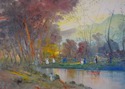 F71523: A. SIDERIS Impressionist Lake Scene Oil Pa