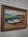 F73949: Artist Signed Boat & Village Oil Painting 