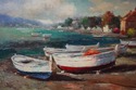 F73949: Artist Signed Boat & Village Oil Painting 