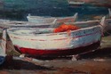 F73949: Artist Signed Boat & Village Oil Painting 