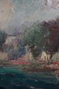 F73949: Artist Signed Boat & Village Oil Painting 