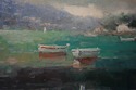 F73949: Artist Signed Boat & Village Oil Painting 