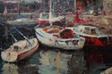 F73970: VICENZO Artist Signed Sailboat Harbor Oil 