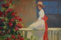 F69188: Artist Signed Vibrant Color Lady In Garden
