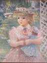 F41698: Gold Framed Print Of Girl w. Doll - Signed