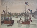 F54655: Vintage Engraving Of Philadelphia w. Boats