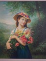 F74131: Girl With Flowers Framed Oil on Canvas Pai