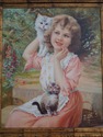 F64986EC: Young Girl w. Kittens Oil Painting On Ca