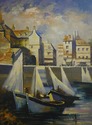 F63654EC: Large Gold Framed Boat Oil Painting On B