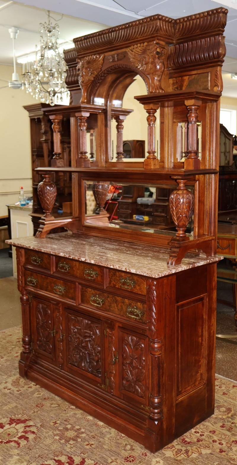 19th Century Griffin Eastlake Burl Walnut Marble Top Buffet