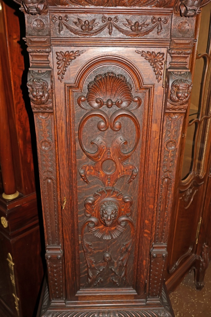 19th Century Tiger Oak Figural Carved Tall Case Grandfather Clock