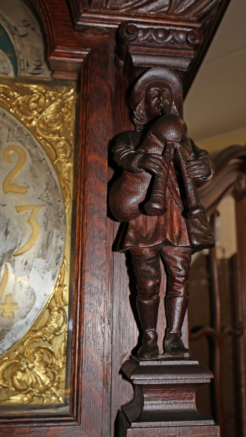 19th Century Tiger Oak Figural Carved Tall Case Grandfather Clock
