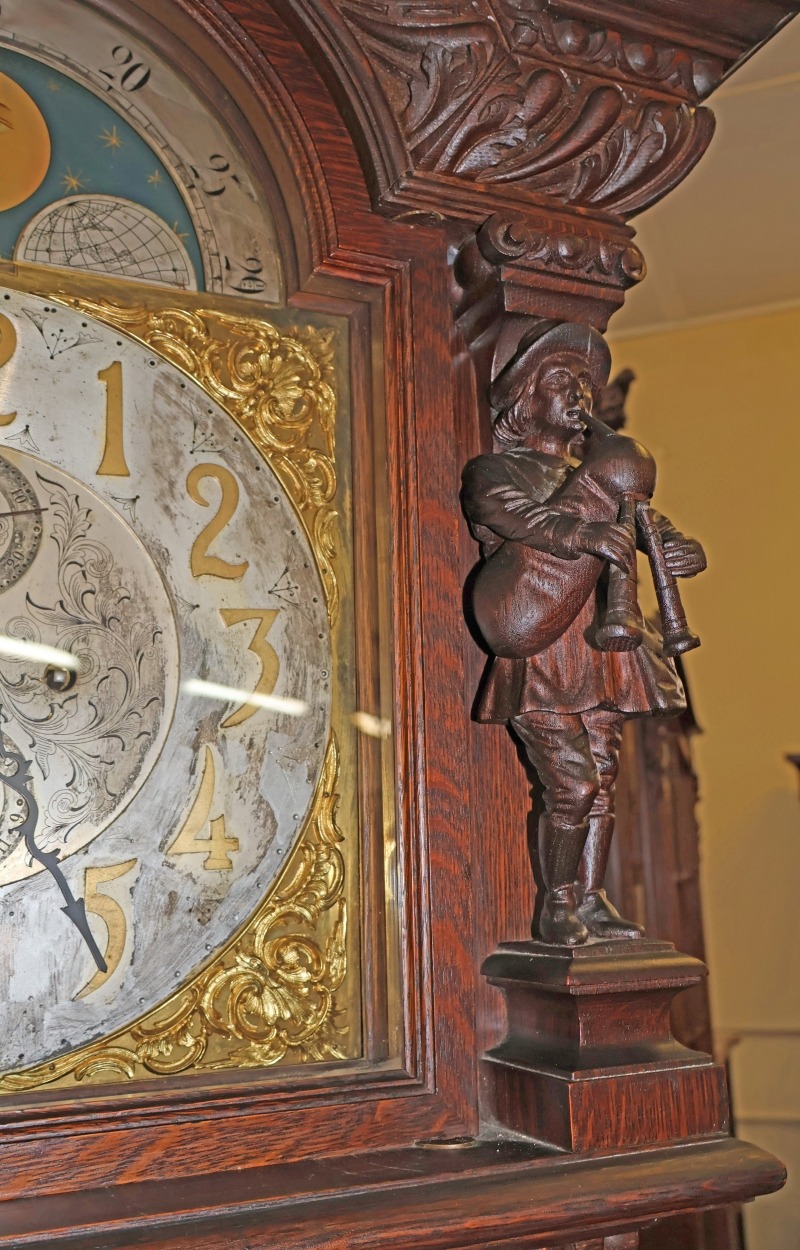 19th Century Tiger Oak Figural Carved Tall Case Grandfather Clock