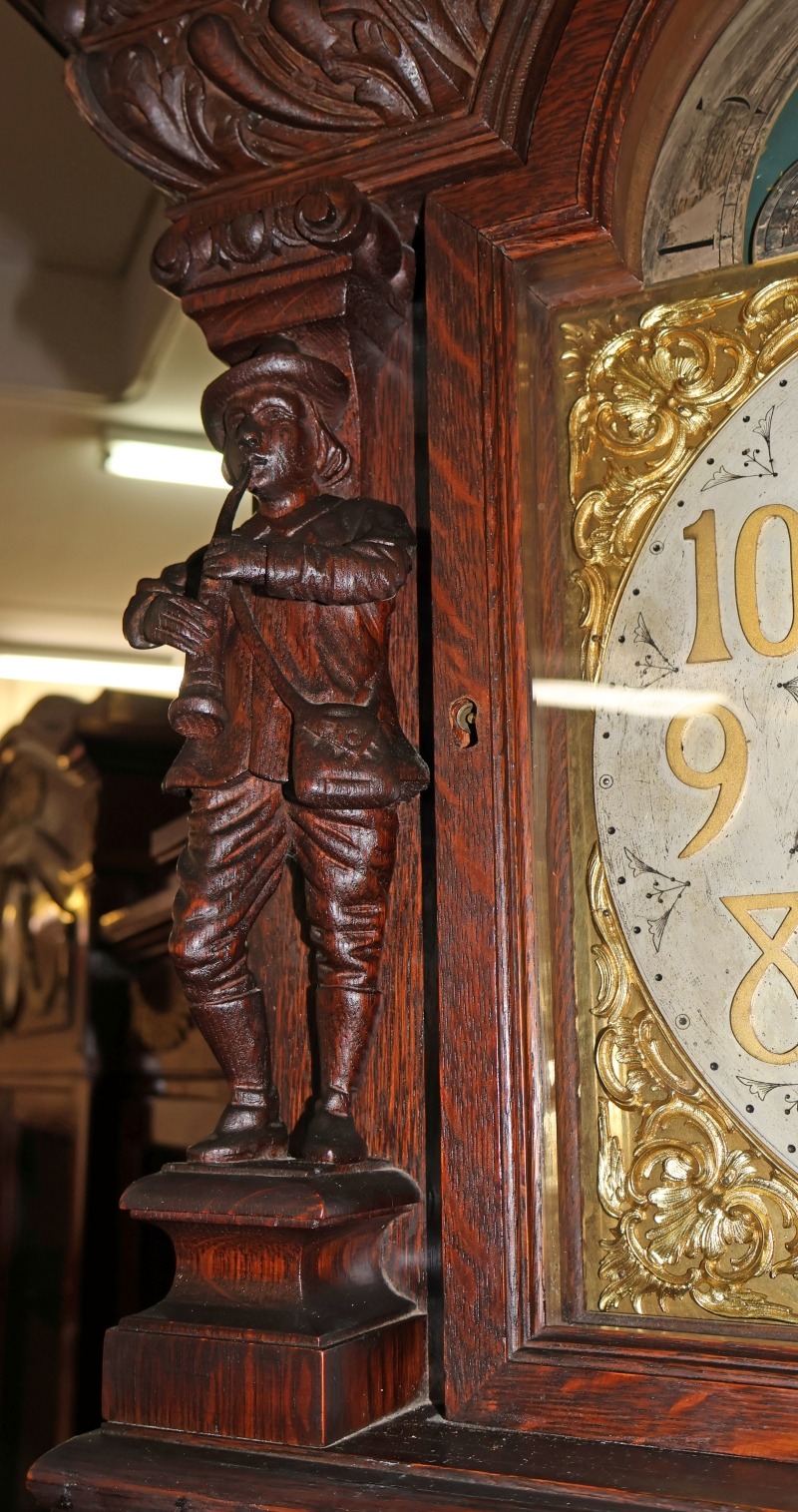 19th Century Tiger Oak Figural Carved Tall Case Grandfather Clock