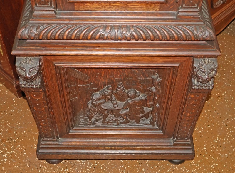 19th Century Tiger Oak Figural Carved Tall Case Grandfather Clock