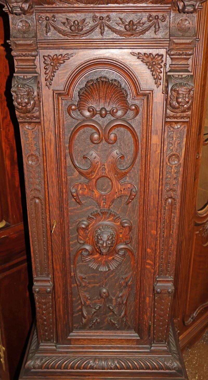 19th Century Tiger Oak Figural Carved Tall Case Grandfather Clock