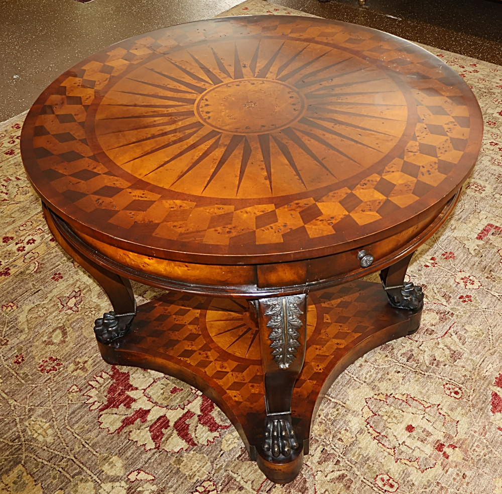 THEODORE ALEXANDER 円型テーブル Vintage Theodore Alexander Bronze Mounted Burled Walnut Inlaid