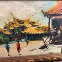 Vintage Painting Taipei Taiwan on Board Village w 