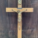 Large Vintage Cross Crucifix Wood Bronze Brass Gol