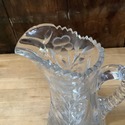 Vintage Thick Glass Pitcher Jug Floral Etched w Le