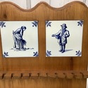 Vintage Double Delft Tile Wood Spoon Rack Wall Dec