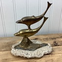 Stacked Brass Dolphin Figure On Rock Stone Base Vi