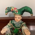 Vintage Christmas Jester Clown Doll Porcelain Gree