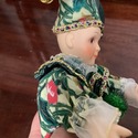 Vintage Christmas Jester Clown Doll Porcelain Gree