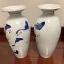 Pair Art Pottery Signed Vases White w Blue Coy Fis