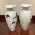 Pair Art Pottery Signed Vases White w Blue Coy Fis