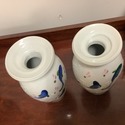 Pair Art Pottery Signed Vases White w Blue Coy Fis