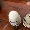 Pair Art Pottery Signed Vases White w Blue Coy Fis