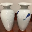 Pair Art Pottery Signed Vases White w Blue Coy Fis