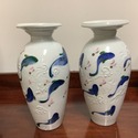 Pair Art Pottery Signed Vases White w Blue Coy Fis