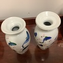 Pair Art Pottery Signed Vases White w Blue Coy Fis