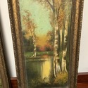 Pair Antique Oil Paintings Landscape Forest Stream