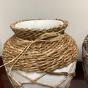 Pair White Pottery Tall Vases Wrapped with Rattan 