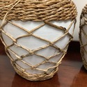 Pair White Pottery Tall Vases Wrapped with Rattan 