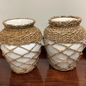 Pair White Pottery Tall Vases Wrapped with Rattan 