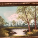 Vintage Oil Painting Pond w Rocks Green Trees Blue