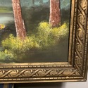 Vintage Oil Painting Pond w Rocks Green Trees Blue