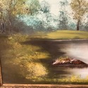 Vintage Oil Painting Pond w Rocks Green Trees Blue