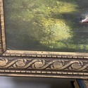 Vintage Oil Painting Pond w Rocks Green Trees Blue
