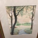Signed Watercolor Painting Landscape Lake River Lu